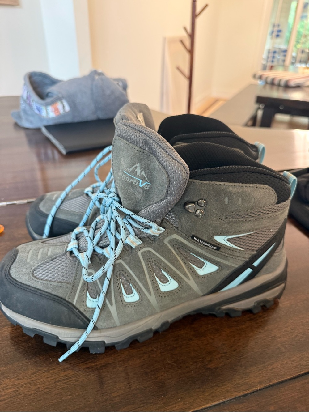 Women’s Lace-Up Waterproof Hiking Boots — Gray with Light Blue Accents